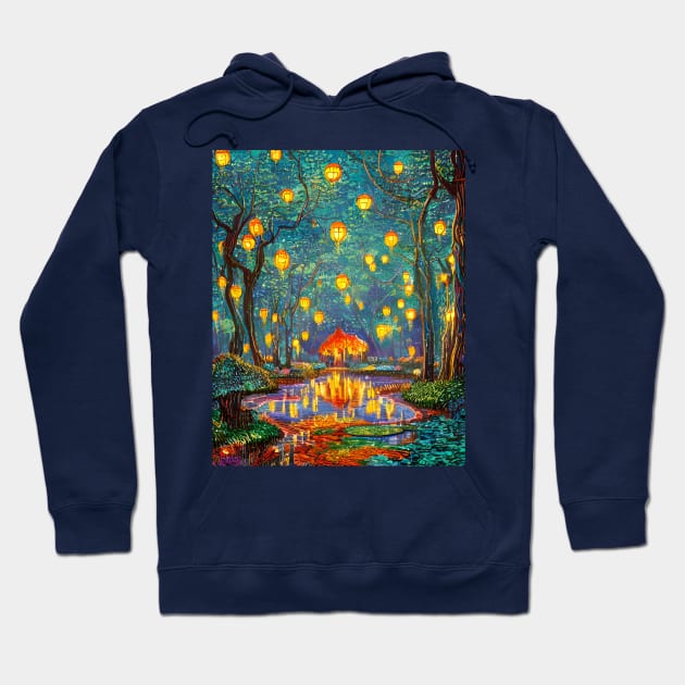Magic Lantern Lighting Lake Water Pond Reflection Watercolor Hoodie by The Little Store Of Magic